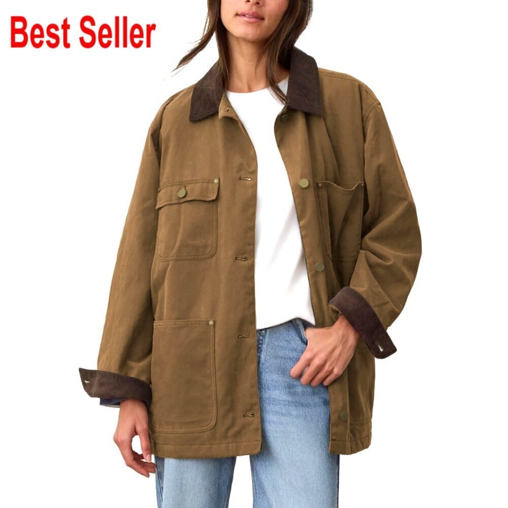 Oversized Utility Barn Jacket Corduroy Collar Vintage Workwear with Pockets - Picture 1 of 7